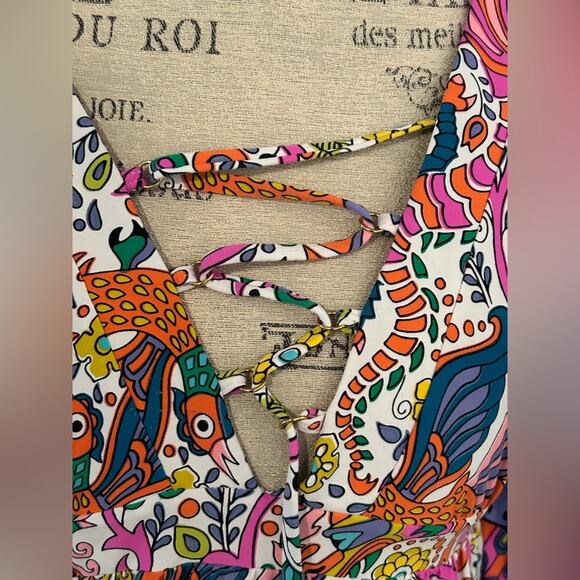 NWOT trina Turk caftan tunic beach swimsuit coverup lace up paisley pattern s XS - Picture 7 of 13